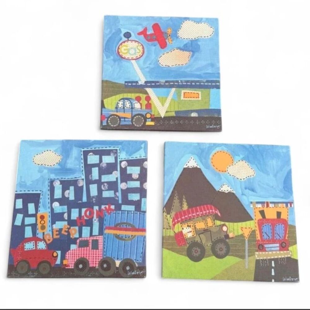 oopsy daisy too vintage inspired transportation city art set of 3. 10x10